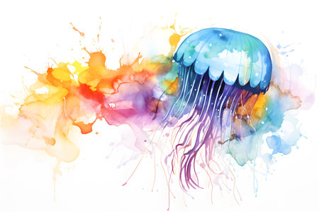 Modern colorful watercolor painting of a jellyfish, textured white paper background, vibrant paint splashes. Generative AIの素材