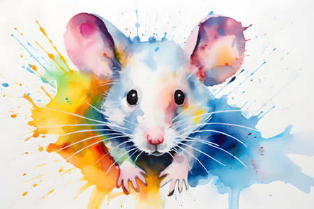 Modern colorful watercolor painting of a mouse, textured white paper background, vibrant paint splashes. Generative AIの素材