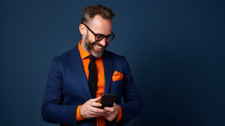 Colorful studio portrait of a young man using a smartphone and smiling. Bold, vibrant and minimalist. Generative AIの素材