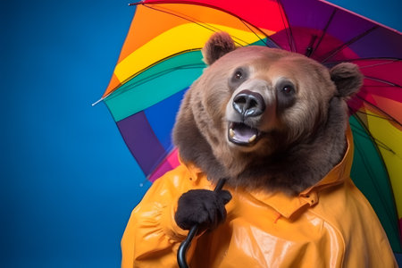 Portrait of a bear wearing a raincoat and an umbrella in studio, colorful background. Autumn concept. Created with generative AIの素材