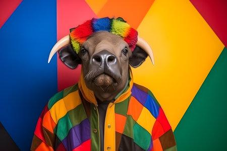 Portrait of a buffalo wearing a raincoat and an umbrella in studio, colorful background. Autumn concept. Created with generative AIの素材