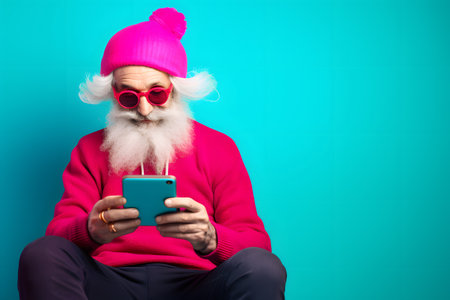 Colorful studio portrait of an old man using modern day technology and gadgets. Bold, vibrant and minimalist. Generative AIの素材