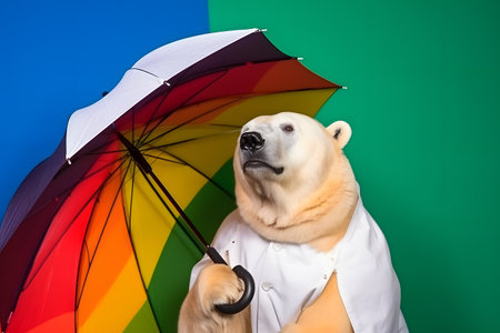 Portrait of a polar bear wearing a raincoat and an umbrella in studio, colorful background. Autumn concept. Created with generative AIの素材