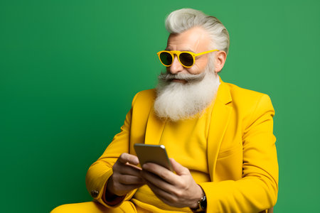 Colorful studio portrait of an old man using modern day technology and gadgets. Bold, vibrant and minimalist. Generative AIの素材