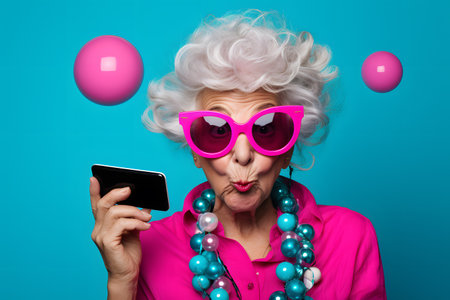 Colorful studio portrait of an old woman using modern day technology and gadgets. Bold, vibrant and minimalist. Generative AIの素材