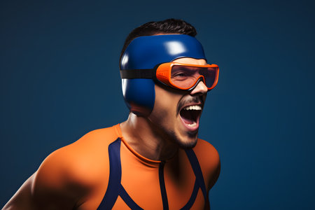 Colorful studio portrait of a fit and healthy man in swimming equipment having fun, blue and orange. Generative AIの素材