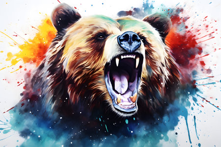 Modern colorful watercolor painting of a bear, textured white paper background, vibrant paint splashes. Generative AIの素材