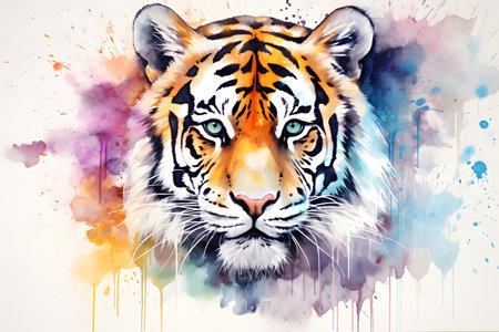 Modern colorful watercolor painting of a tiger, textured white paper background, vibrant paint splashes. Generative AIの素材