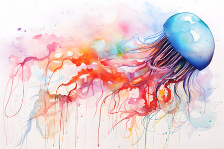 Modern colorful watercolor painting of a jellyfish, textured white paper background, vibrant paint splashes. Generative AIの素材