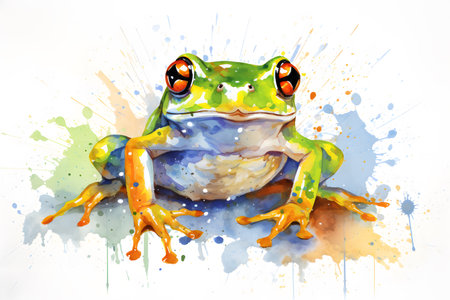 Modern colorful watercolor painting of a green frog, textured white paper background, vibrant paint splashes. Generative AIの素材