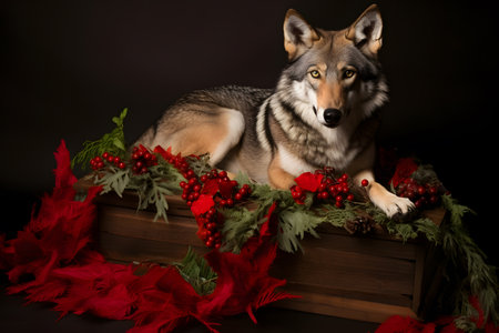 A coyote in a Christmas setup. Studio portrait, winter festive season template. Generative AIの素材