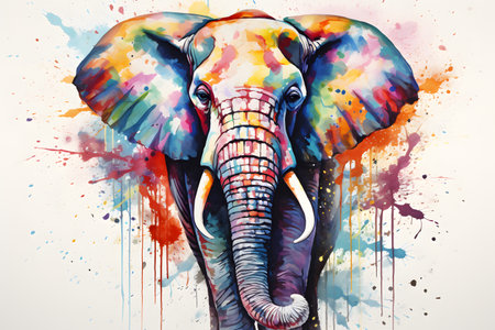 Modern colorful watercolor painting of an elephant, textured white paper background, vibrant paint splashes. Generative AIの素材