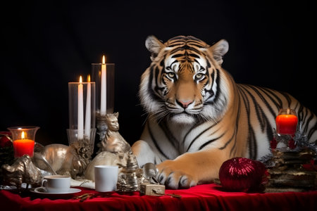 A tiger in a Christmas setup. Studio portrait, winter festive season template. Generative AIの素材