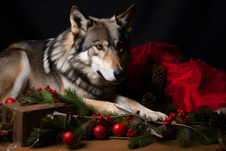 A wolf in a Christmas setup. Studio portrait, winter festive season template. Generative AIの素材