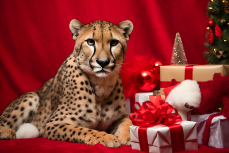A cheetah in a Christmas setup. Studio portrait, winter festive season template. Generative AIの素材