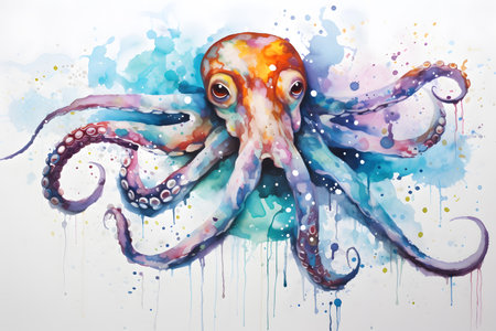 Modern colorful watercolor painting of a squid, textured white paper background, vibrant paint splashes. Generative AIの素材