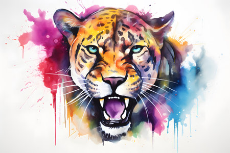 Modern colorful watercolor painting of a panther, textured white paper background, vibrant paint splashes. Generative AIの素材