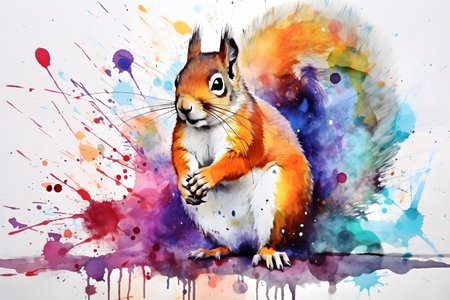 Modern colorful watercolor painting of a squirrel, textured white paper background, vibrant paint splashes. Generative AIの素材