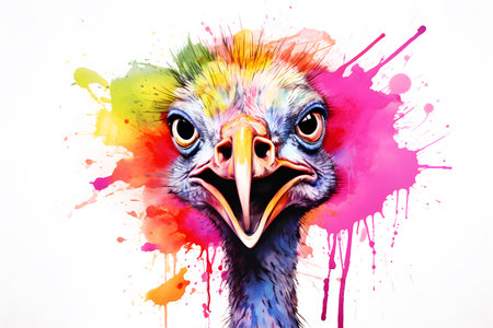 Modern colorful watercolor painting of an ostrich, textured white paper background, vibrant paint splashes. Generative AIの素材