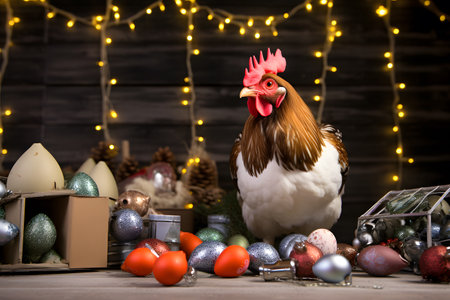 A chicken in a Christmas setup. Studio portrait, winter festive season template. Generative AIの素材