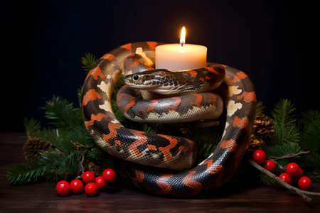 A snake in a Christmas setup. Studio portrait, winter festive season template. Generative AIの素材