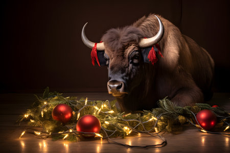A bison in a Christmas setup. Studio portrait, winter festive season template. Generative AIの素材