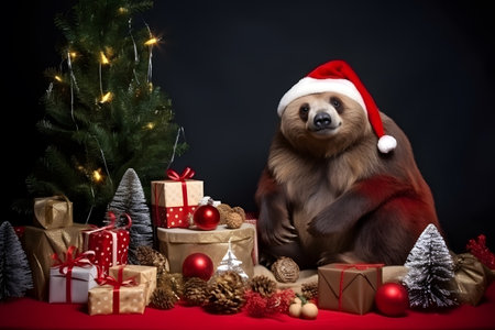A sloth in a Christmas setup. Studio portrait, winter festive season template. Generative AIの素材