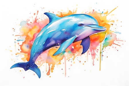 Modern colorful watercolor painting of a dolphin, textured white paper background, vibrant paint splashes. Generative AIの素材