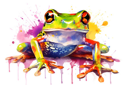 Modern colorful watercolor painting of a green frog, textured white paper background, vibrant paint splashes. Generative AIの素材