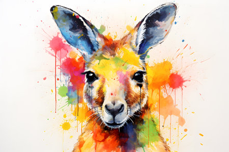 Modern colorful watercolor painting of a kangaroo, textured white paper background, vibrant paint splashes. Generative AIの素材