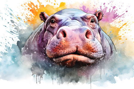 Modern colorful watercolor painting of a hippopotamus, textured white paper background, vibrant paint splashes. Generative AIの素材