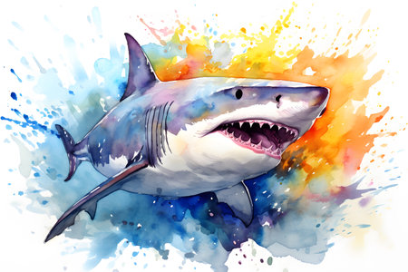 Modern colorful watercolor painting of a shark, textured white paper background, vibrant paint splashes. Generative AIの素材