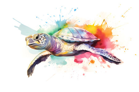 Modern colorful watercolor painting of a turtle or tortoise, textured white paper background, vibrant paint splashes. Generative AIの素材