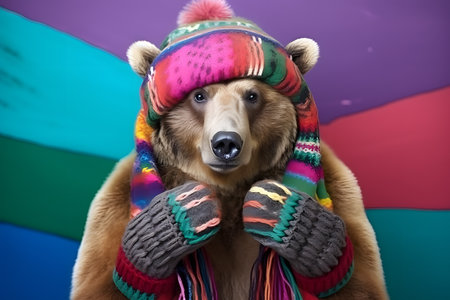 Studio portrait of a bear wearing knitted hat, scarf and mittens. Colorful winter and cold weather concept. Generative AIの素材