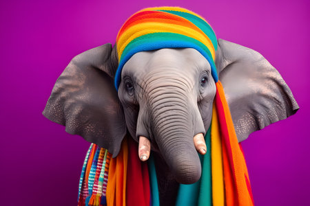 Studio portrait of an elephant wearing knitted hat, scarf and mittens. Colorful winter and cold weather concept. Generative AIの素材
