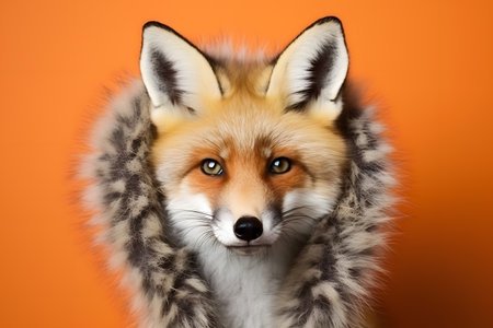 Studio portrait of a fox wearing knitted hat, scarf and mittens. Colorful winter and cold weather concept. Generative AIの素材