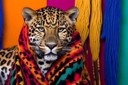Studio portrait of a leopard wearing knitted hat, scarf and mittens. Colorful winter and cold weather concept. Generative AIの素材