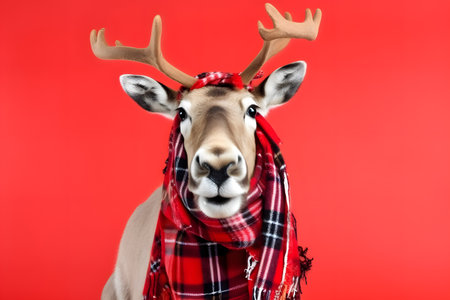 Studio portrait of a reindeer wearing knitted hat, scarf and mittens. Colorful winter and cold weather concept. Generative AIの素材