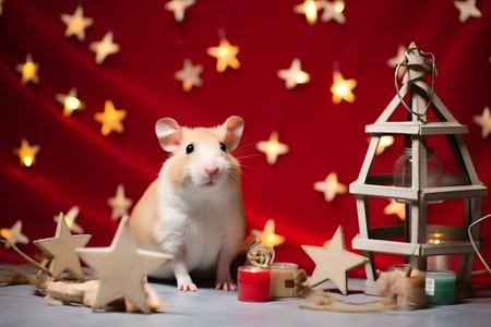 A hamster in a Christmas setup. Studio portrait, winter festive season template. Generative AIの素材