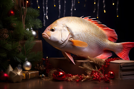 A fish in a Christmas setup. Studio portrait, winter festive season template. Generative AIの素材