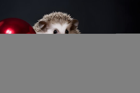 A hedgehog in a Christmas setup. Studio portrait, winter festive season template. Generative AIの素材