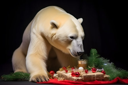 A polar bear in a Christmas setup. Studio portrait, winter festive season template. Generative AIの素材