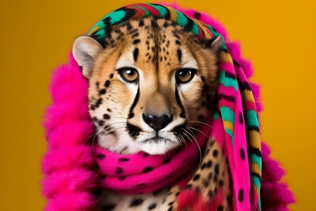 Studio portrait of a cheetah wearing knitted hat, scarf and mittens. Colorful winter and cold weather concept. Generative AIの素材