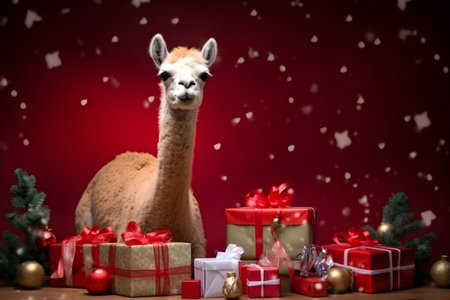 An alpaca in a Christmas setup. Studio portrait, winter festive season template. Generative AIの素材