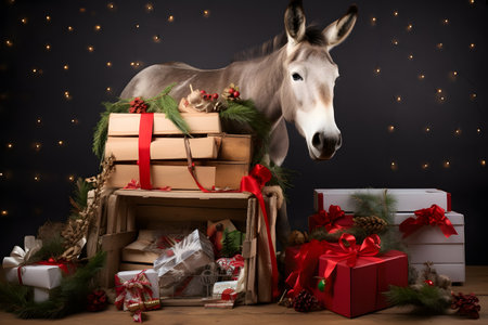 A donkey in a Christmas setup. Studio portrait, winter festive season template. Generative AIの素材
