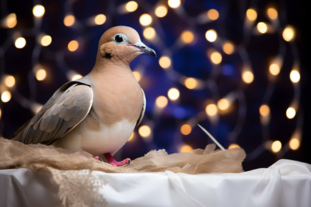 A dove in a Christmas setup. Studio portrait, winter festive season template. Generative AIの素材