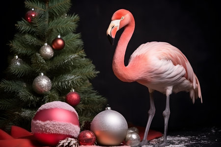 A flamingo in a Christmas setup. Studio portrait, winter festive season template. Generative AIの素材