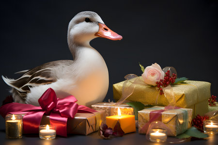 A duck in a Christmas setup. Studio portrait, winter festive season template. Generative AIの素材