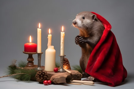 An otter in a Christmas setup. Studio portrait, winter festive season template. Generative AIの素材