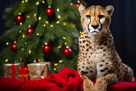 A cheetah in a Christmas setup. Studio portrait, winter festive season template. Generative AIの素材